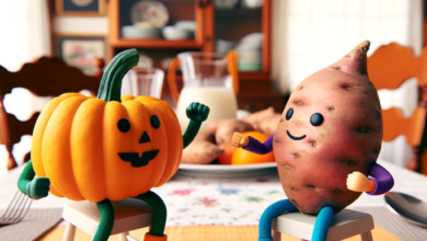 A whimsical scene of a pumpkin and a sweet potato having a playful fight sitting on a dining room table. The pumpkin and sweet potato are anthropomor