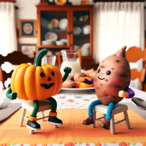 DALL·E 2023 11 16 10.05.34 A whimsical scene of a pumpkin and a sweet potato having a playful fight sitting on a dining room table. The pumpkin and sweet potato are anthropomor