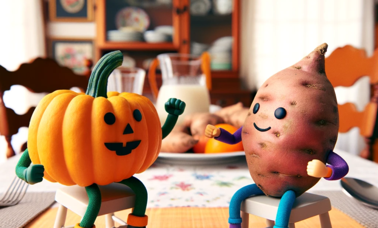 A whimsical scene of a pumpkin and a sweet potato having a playful fight sitting on a dining room table. The pumpkin and sweet potato are anthropomor