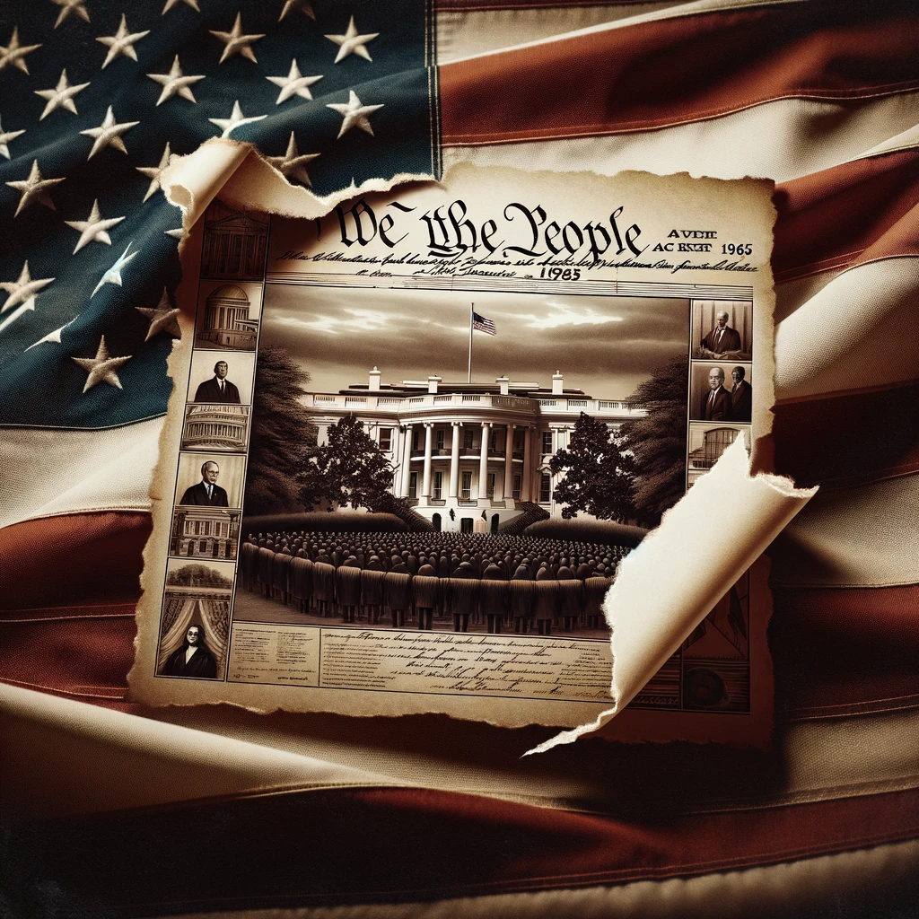 A symbolic representation of the Voting Rights Act of 1965. The central focus is a torn piece of paper symbolizing the act set against a backdrop of