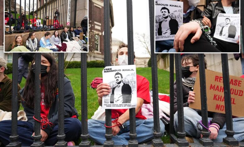 Columbia University students chain themselves to gate in protest of Mahmoud Khalil’s detention by ICE