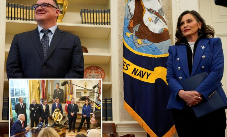 Michigan Gov. Gretchen Whitmer hid face behind binders during Trump Oval Office press conference Michigan Gov. Gretchen Whitmer hid face behind binders during Trump Oval Office press conference