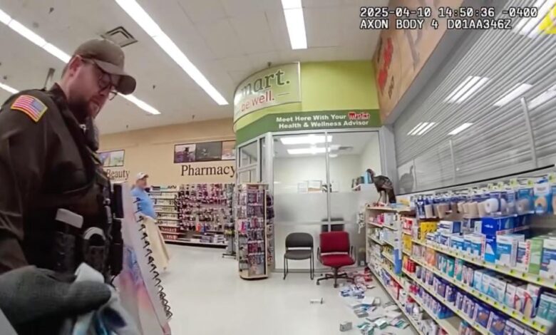 Turkey causes chaos in Indiana supermarket as cops attempt to catch destructive bird, video shows Turkey causes chaos in Indiana supermarket as cops attempt to catch destructive bird, video shows