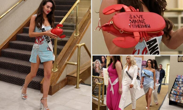 Jordon Hudson sends message with her clutch at Miss Maine USA — as Bill Belichick watches Jordon Hudson sends message with her clutch at Miss Maine USA — as Bill Belichick watches