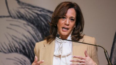 Kamala Harris steps back into limelight with speech criticizing Trump as he celebrates his first 100 days