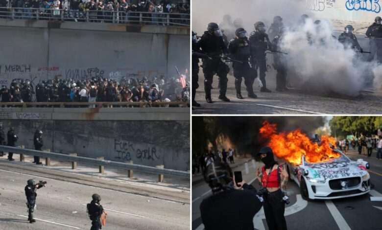 2,000 LA anti-ICE rioters takeover 101 Freeway downtown as self-driving cars lit on fire in chaotic scene 2,000 LA anti-ICE rioters takeover 101 Freeway downtown as self-driving cars lit on fire in chaotic scene