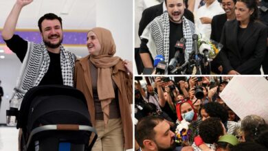 Anti-Israel protester Mahmoud Khalil makes emotional return home, embraces wife, and holds telling press conference with AOC