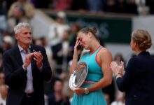 Aryna Sabalenka fights back tears after French Open loss