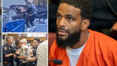 Knife-wielding maniac accused of stabbing officers in courthouse tantrum pleads not guilty as crew of cops stares