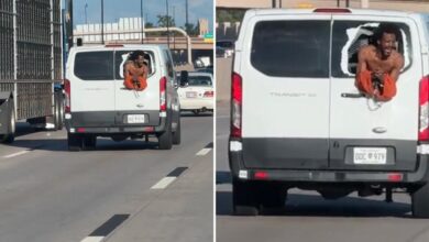 Oklahoma inmate hangs out the back of speeding corrections van pleading for help on freeway: video
