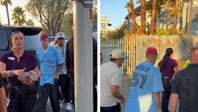 Justin Bieber Arrives At World Series Game 3 in Blue Jays Gear