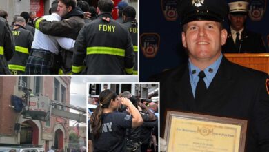 Widow, FDNY siblings of fallen firefighter Patrick Brady weep as bunting is put up at firehouse