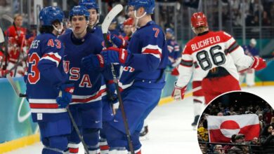 Winter Olympics 2026 hockey fans display Greenland flag during USA win over Denmark