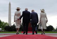 President Trump gives first lady Melania a playful tap on the tush during meeting with King Charles and Queen Camilla