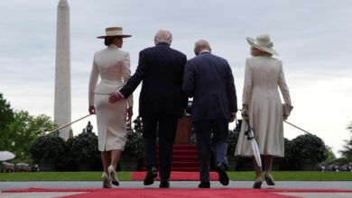 President Trump gives first lady Melania a playful tap on the tush during meeting with King Charles and Queen Camilla