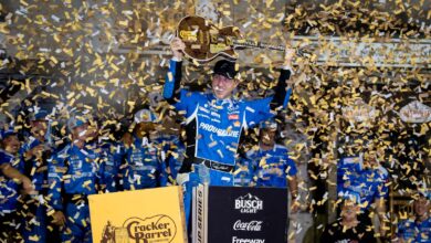 Denny Hamlin storms back from a pole-start penalty to win at Nashville Superspeedway Denny Hamlin storms back from a pole-start penalty to win at Nashville Superspeedway