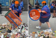 Total trash: wild video shows woman stealing Knicks garbage can and dumping refuse all over the street