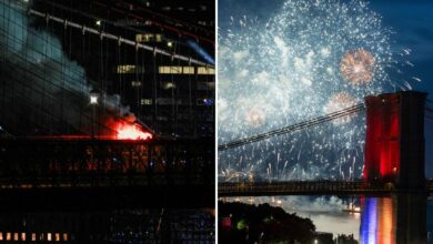 Brooklyn Bridge catches fire during Fourth of July fireworks display Brooklyn Bridge catches fire during Fourth of July fireworks display